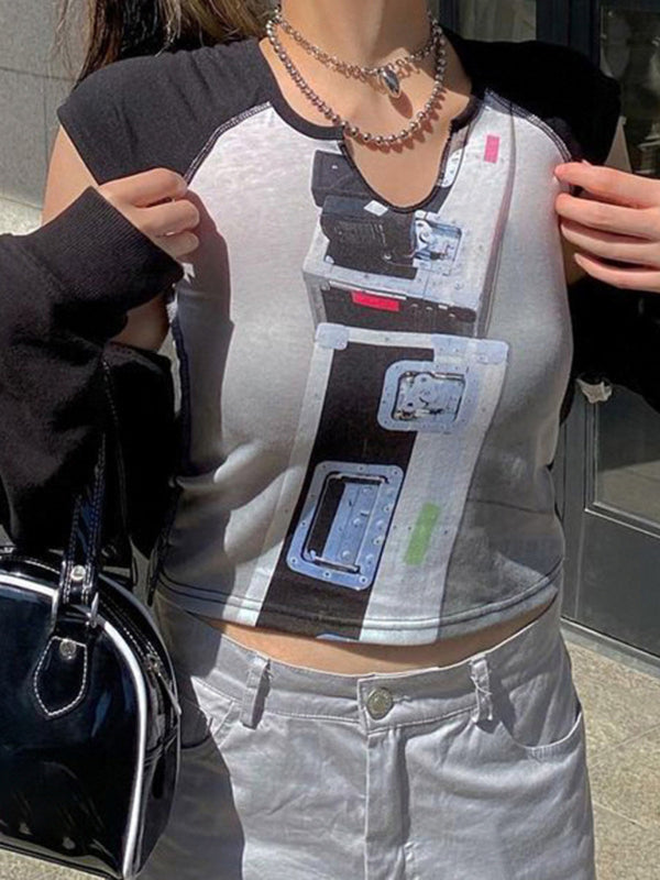 Short Sleeve T-Shirt Irregular V-Neck Casual Crop Top kakaclo