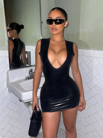 Deep V Sleeveless PU Leather Hip Dress kakaclo