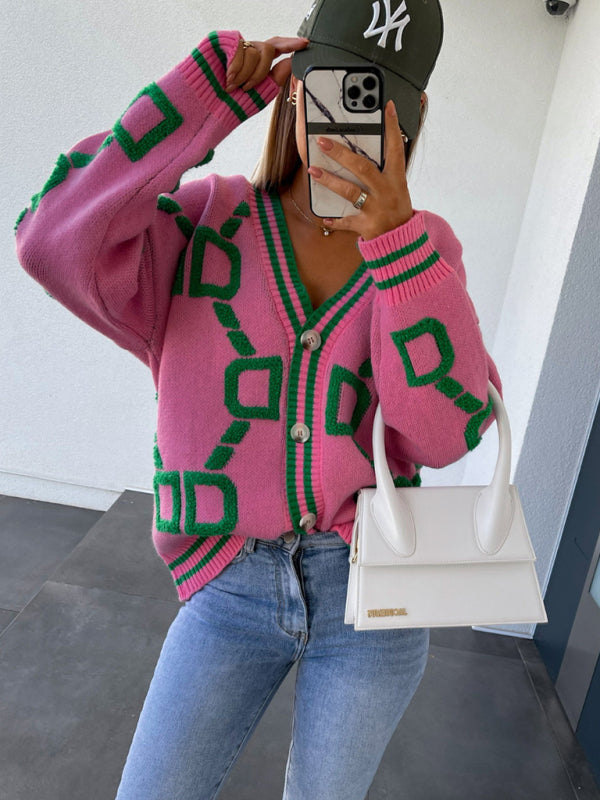 Contrast Single-Breasted Drop-Sleeve Sleeve Sweater Cardigan kakaclo