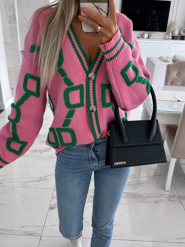 Contrast Single-Breasted Drop-Sleeve Sleeve Sweater Cardigan kakaclo