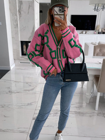 Contrast Single-Breasted Drop-Sleeve Sleeve Sweater Cardigan kakaclo