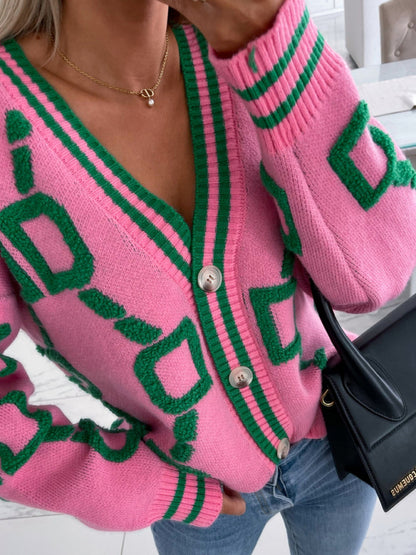 Contrast Single-Breasted Drop-Sleeve Sleeve Sweater Cardigan kakaclo