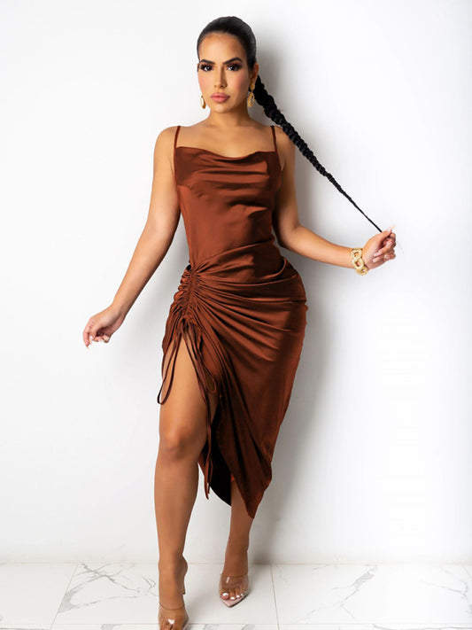 Backless Ruched Slit Dress
