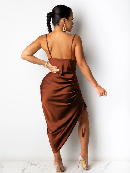 Backless Ruched Slit Dress