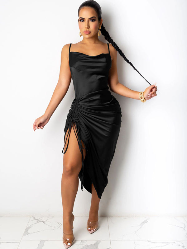 Backless Ruched Slit Dress