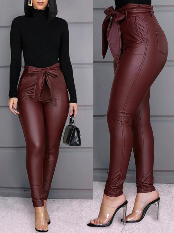 Slim Fit Tie Belt Faux Leather Pants kakaclo