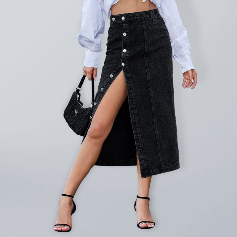 New Button Irregular Slit Denim High Waist Skirt kakaclo