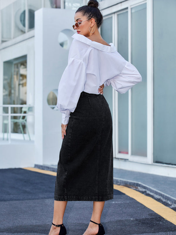New Button Irregular Slit Denim High Waist Skirt kakaclo