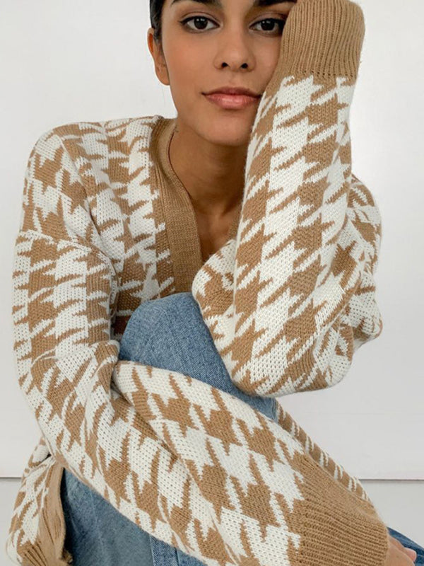 Knit Print Button Front Long Sleeve V Neck Cardigan kakaclo