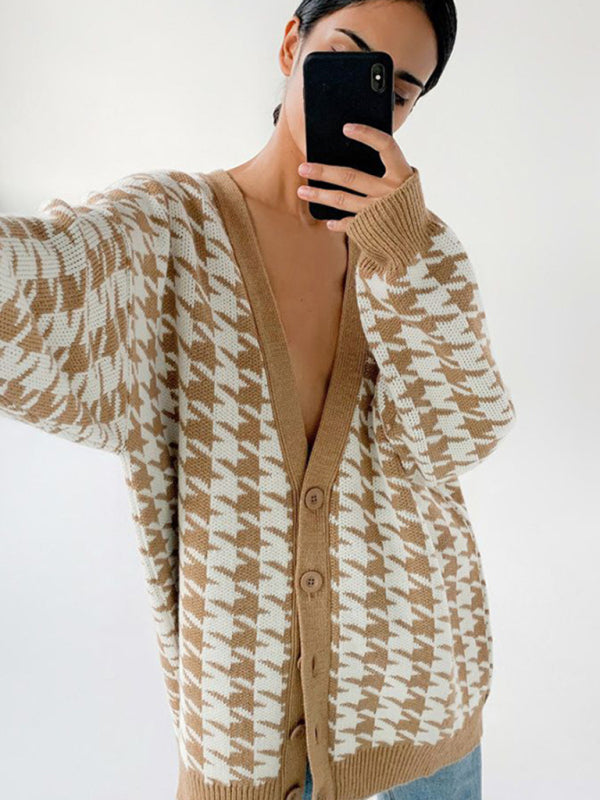 Knit Print Button Front Long Sleeve V Neck Cardigan kakaclo
