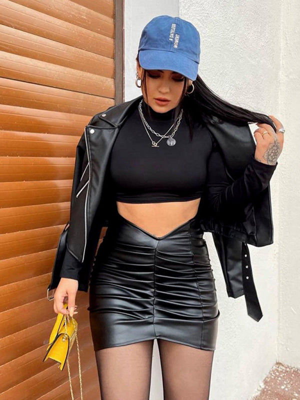 Vegan Leather V Low At Waist Ruched Skirt kakaclo