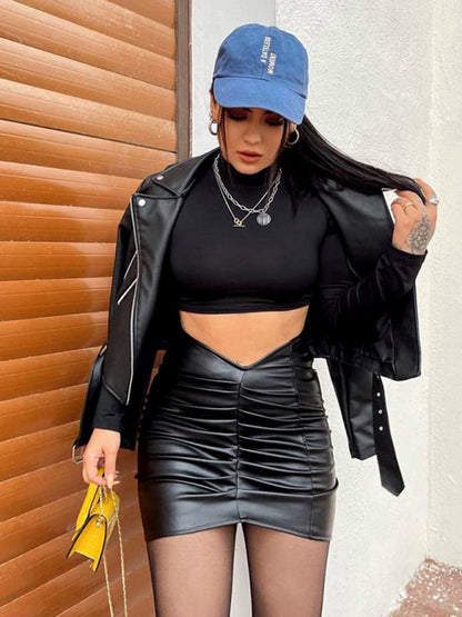 Vegan Leather V Low At Waist Ruched Skirt kakaclo