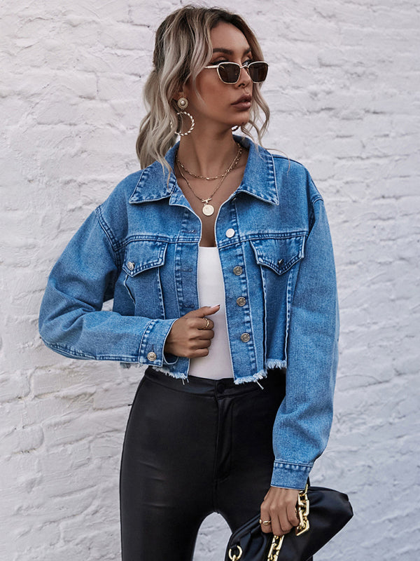 Spread Collar Crop Denim Jacket kakaclo