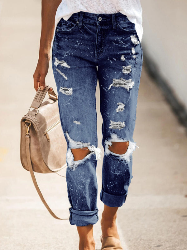 Five-pocket Style Ripped Straight Leg Cuffed Denim Jeans kakaclo