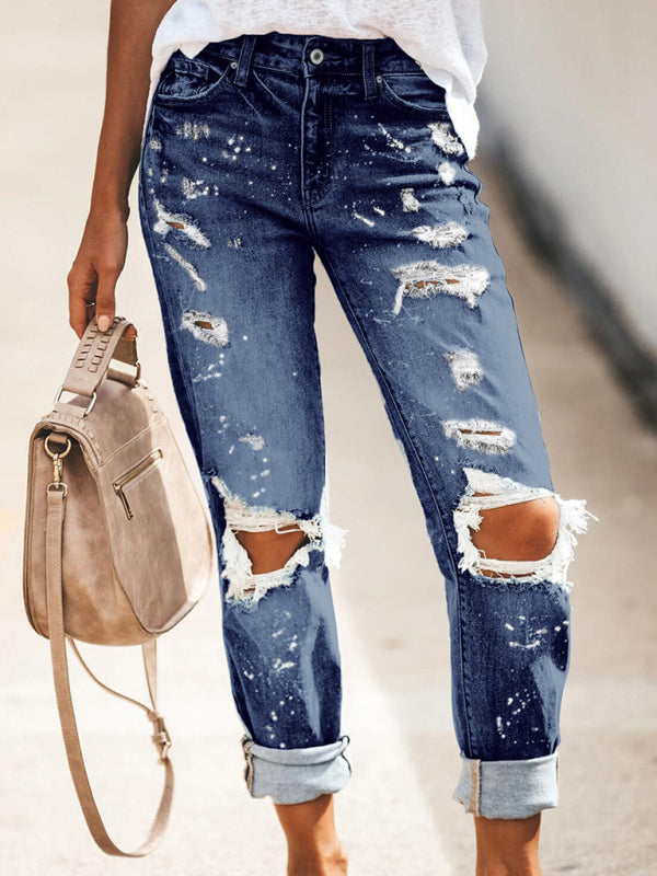 Five-pocket Style Ripped Straight Leg Cuffed Denim Jeans kakaclo