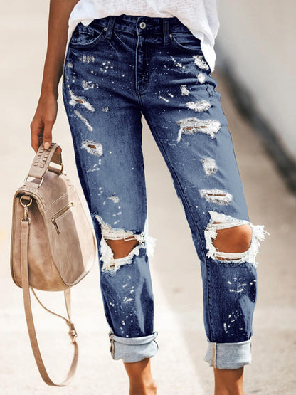 Five-pocket Style Ripped Straight Leg Cuffed Denim Jeans kakaclo