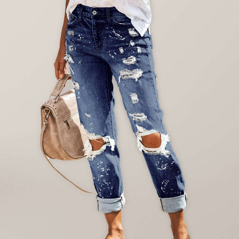 Five-pocket Style Ripped Straight Leg Cuffed Denim Jeans kakaclo
