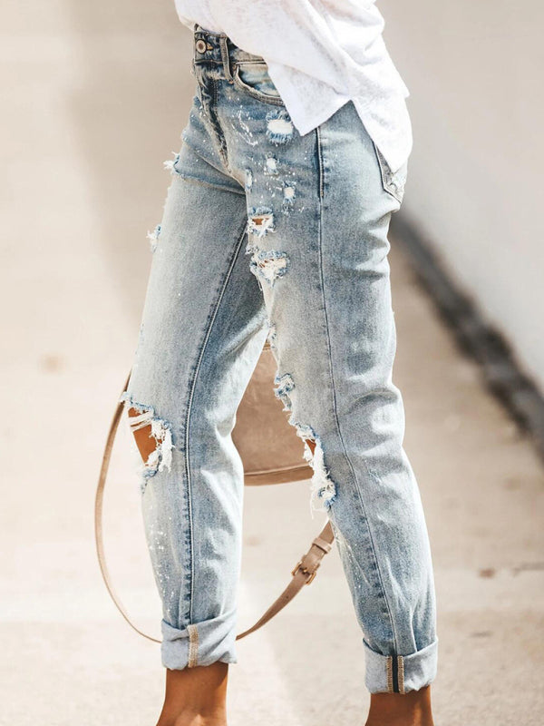Five-pocket Style Ripped Straight Leg Cuffed Denim Jeans kakaclo
