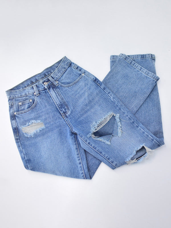 Highly Desirable Ripped High Waist Ankle Slits Straight Leg Jeans