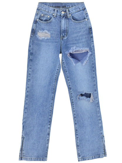 Highly Desirable Ripped High Waist Ankle Slits Straight Leg Jeans