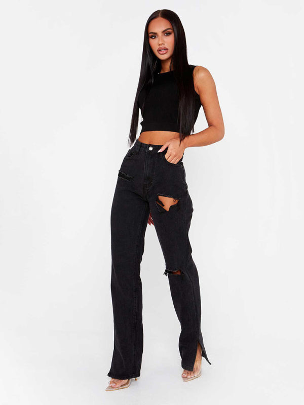 Highly Desirable Ripped High Waist Ankle Slits Straight Leg Jeans