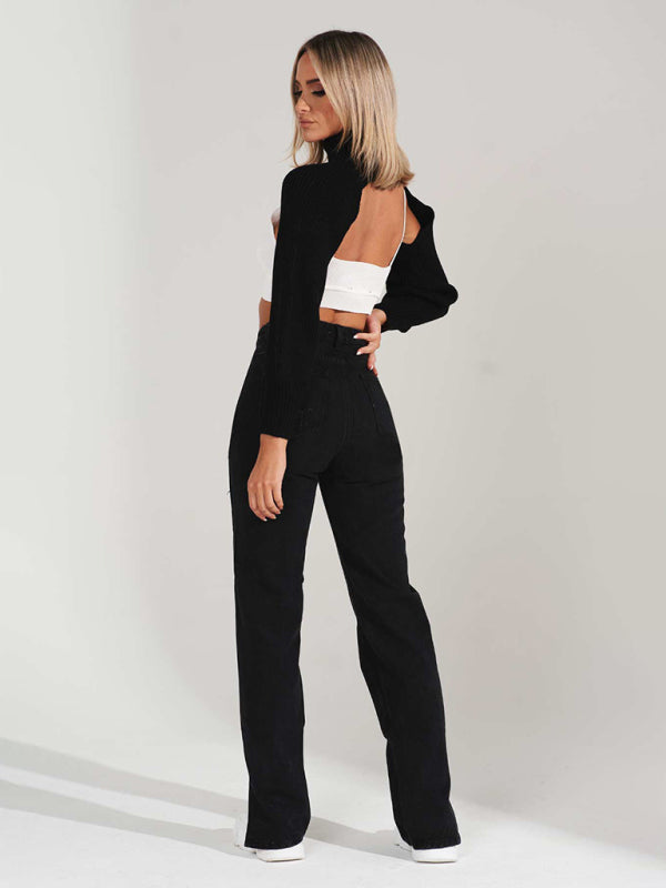 Highly Desirable Ripped High Waist Ankle Slits Straight Leg Jeans