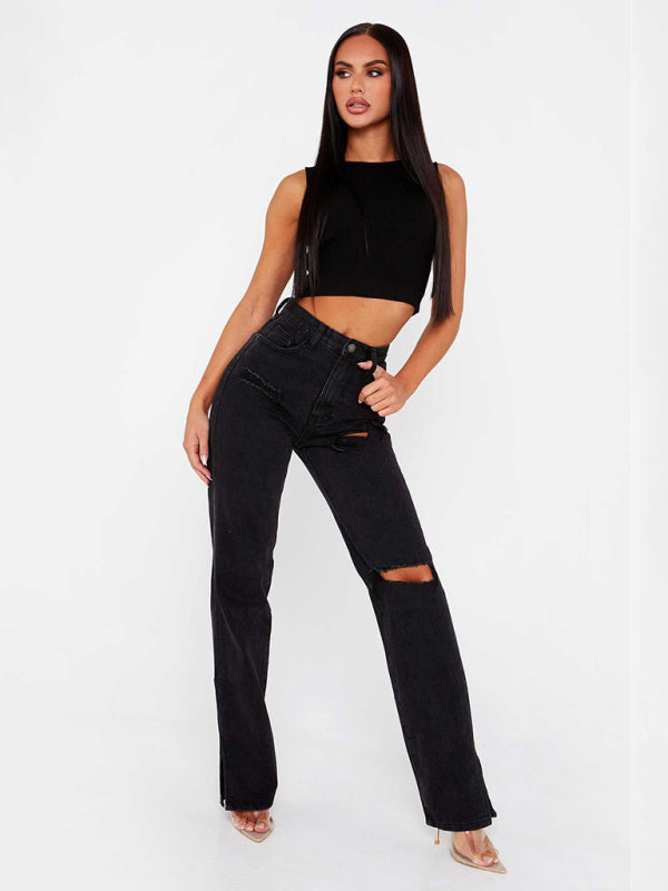 Highly Desirable Ripped High Waist Ankle Slits Straight Leg Jeans