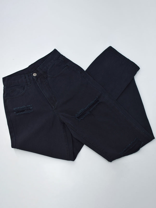 Highly Desirable Ripped High Waist Ankle Slits Straight Leg Jeans