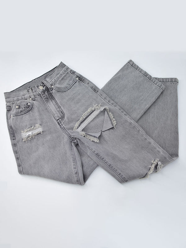 Highly Desirable Ripped High Waist Ankle Slits Straight Leg Jeans