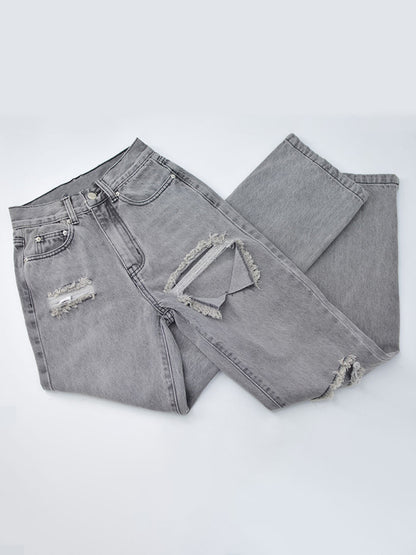 Highly Desirable Ripped High Waist Ankle Slits Straight Leg Jeans