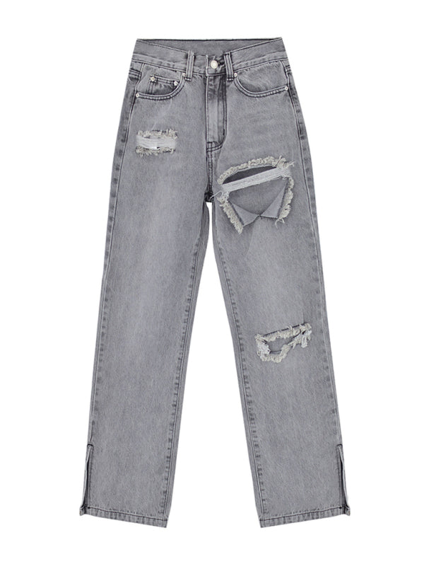 Highly Desirable Ripped High Waist Ankle Slits Straight Leg Jeans