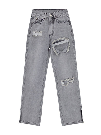 Highly Desirable Ripped High Waist Ankle Slits Straight Leg Jeans