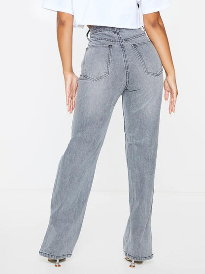 Highly Desirable Ripped High Waist Ankle Slits Straight Leg Jeans