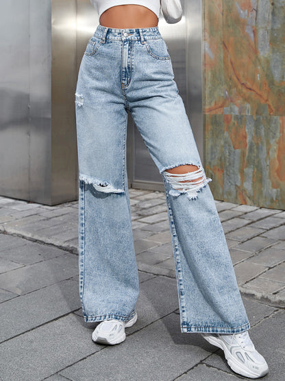 Ripped High Waist Straight Leg Jeans