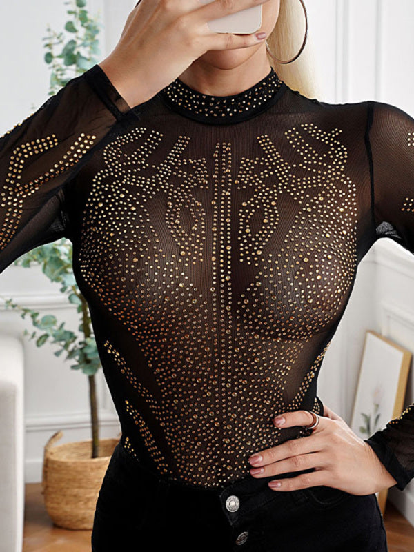 Bling Rhinestone Sheer Mesh Long Sleeve High Neckline Bodysuit kakaclo
