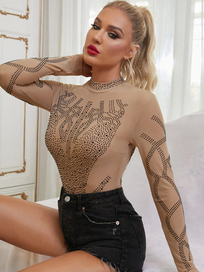Bling Rhinestone Sheer Mesh Long Sleeve High Neckline Bodysuit kakaclo