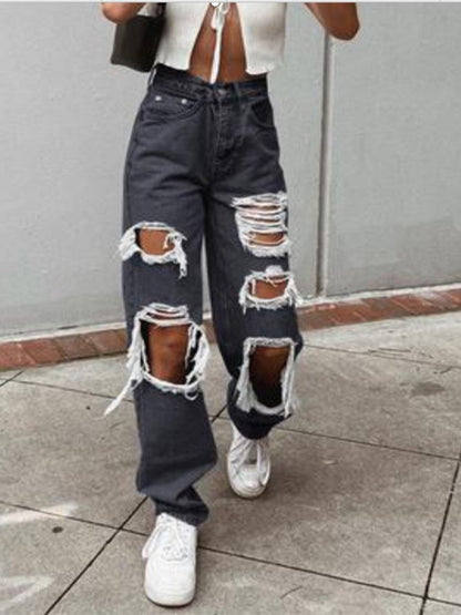 Ripped High Waist Relaxed Baggy Jeans kakaclo
