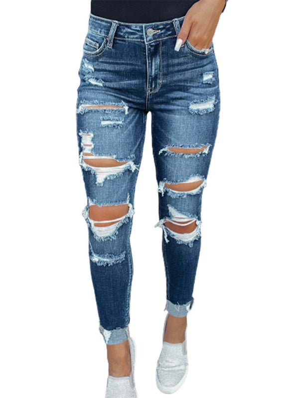 Rip Distressed Lined With Plaid Print Curvy Fit Skinny Jeans kakaclo