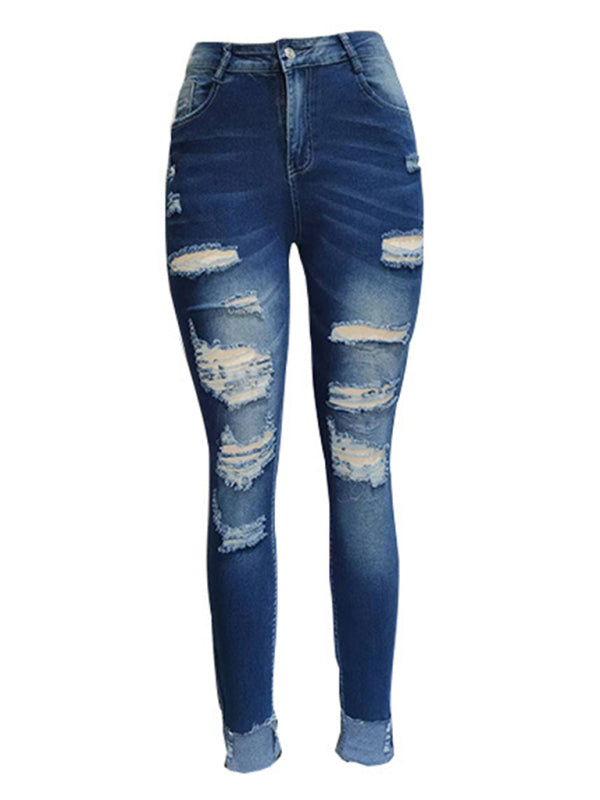 Rip Distressed Lined With Plaid Print Curvy Fit Skinny Jeans kakaclo