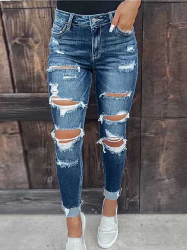 Rip Distressed Lined With Plaid Print Curvy Fit Skinny Jeans kakaclo