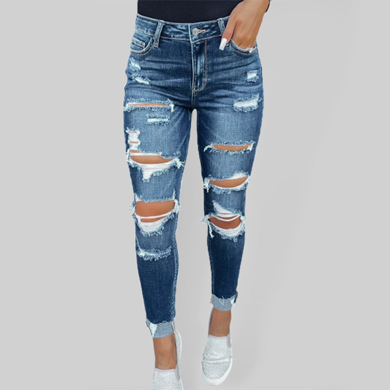 Rip Distressed Lined With Plaid Print Curvy Fit Skinny Jeans kakaclo