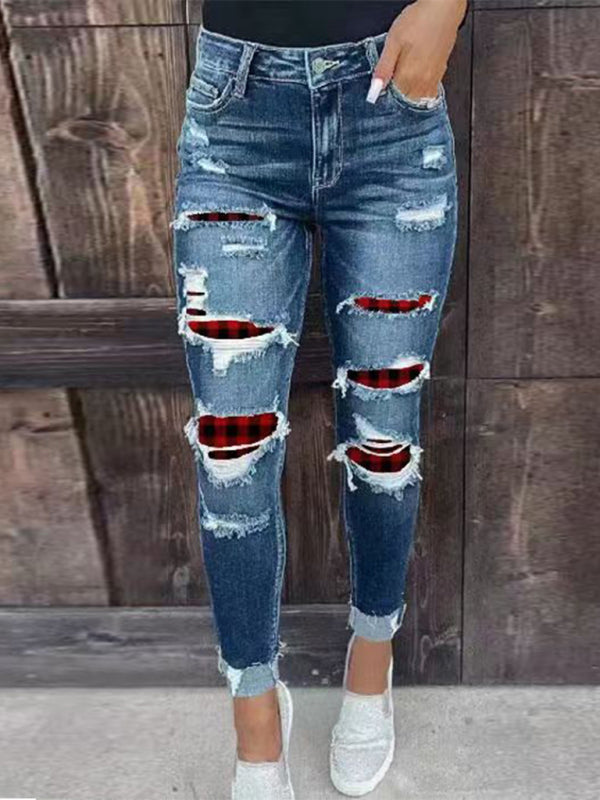 Rip Distressed Lined With Plaid Print Curvy Fit Skinny Jeans kakaclo