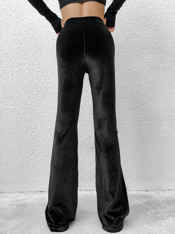 Solid Color High Waist Velvet Flare Pants kakaclo