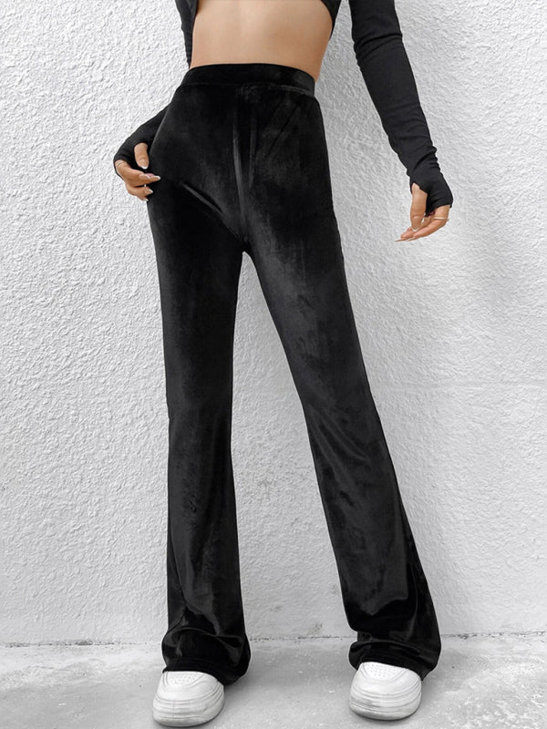 Solid Color High Waist Velvet Flare Pants kakaclo