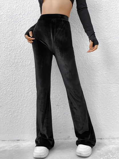 Solid Color High Waist Velvet Flare Pants kakaclo