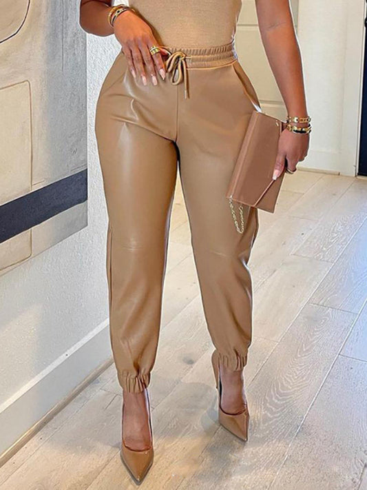 Solid Color Faux Leather Joggers kakaclo