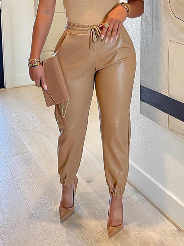Solid Color Faux Leather Joggers kakaclo
