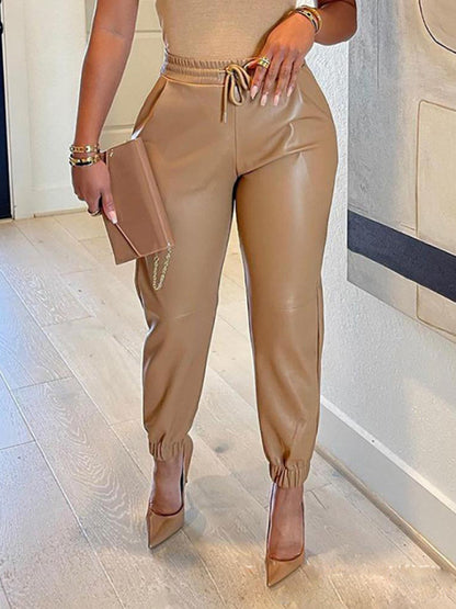 Solid Color Faux Leather Joggers kakaclo
