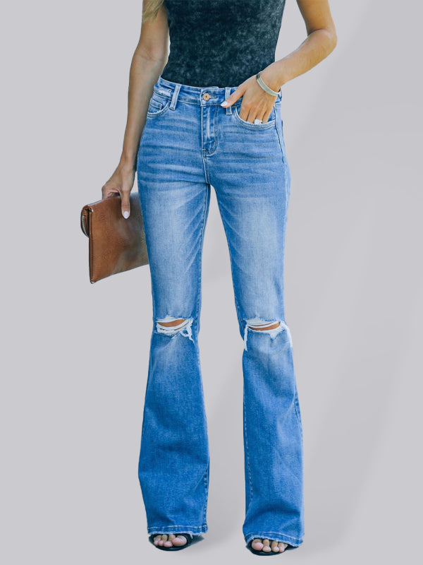 High Waist Ripped Step Hem Flare Jeans kakaclo