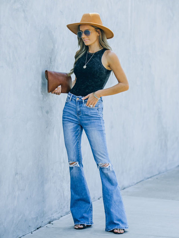 High Waist Ripped Step Hem Flare Jeans kakaclo